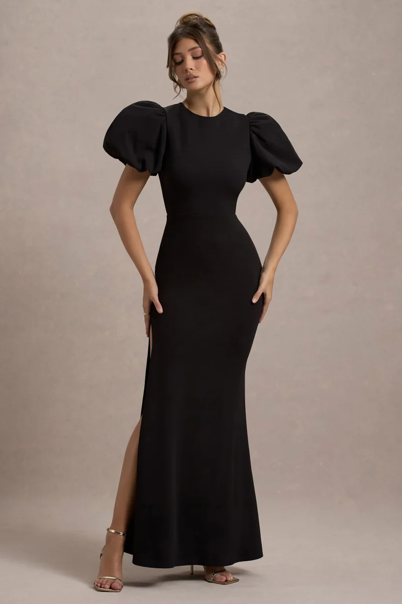 Love Letters | Vestido Largo Negro Con Mangas Farol - Imagen 5