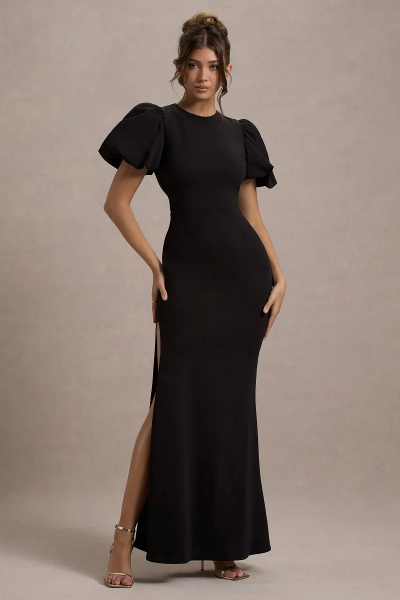 Love Letters | Vestido Largo Negro Con Mangas Farol - Imagen 6