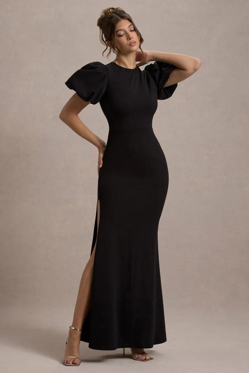 Love Letters | Vestido Largo Negro Con Mangas Farol - Imagen 7