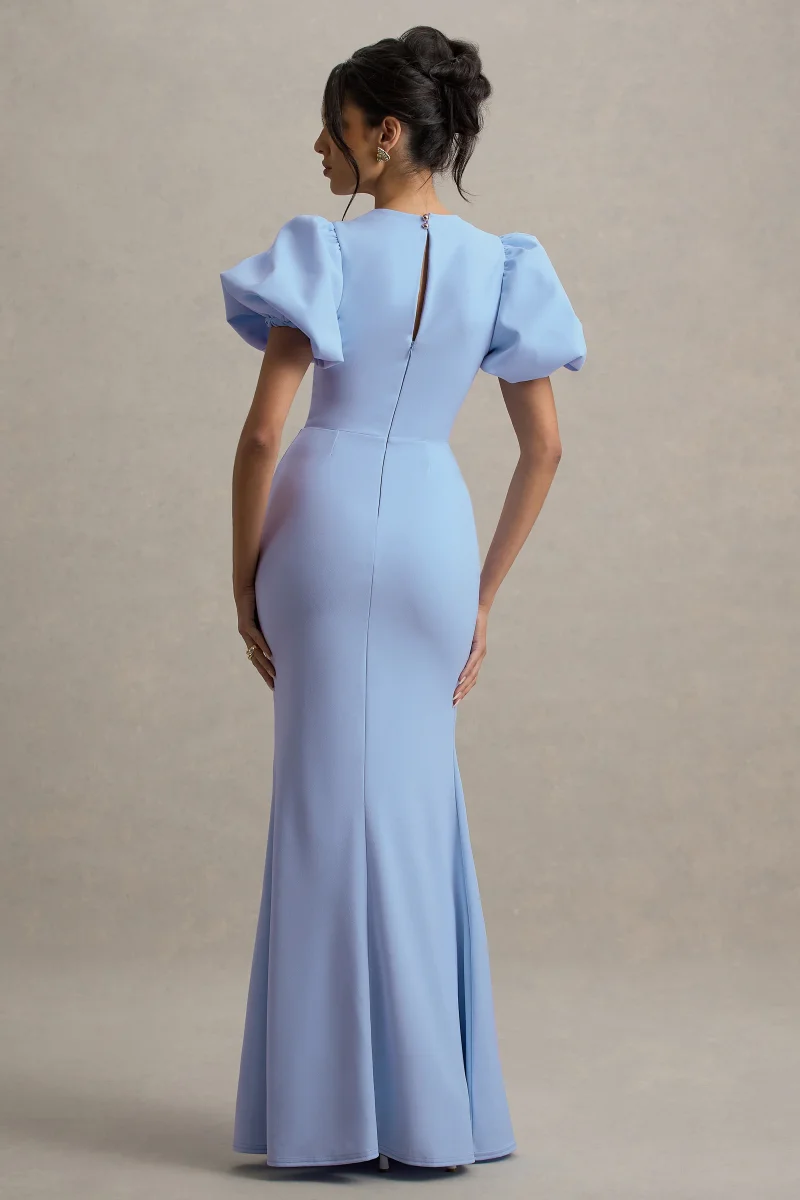Love Letters | Vestido Largo Azul Empolvado Con Mangas Abullonadas - Imagen 3