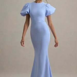 Love Letters | Vestido Largo Azul Empolvado Con Mangas Abullonadas