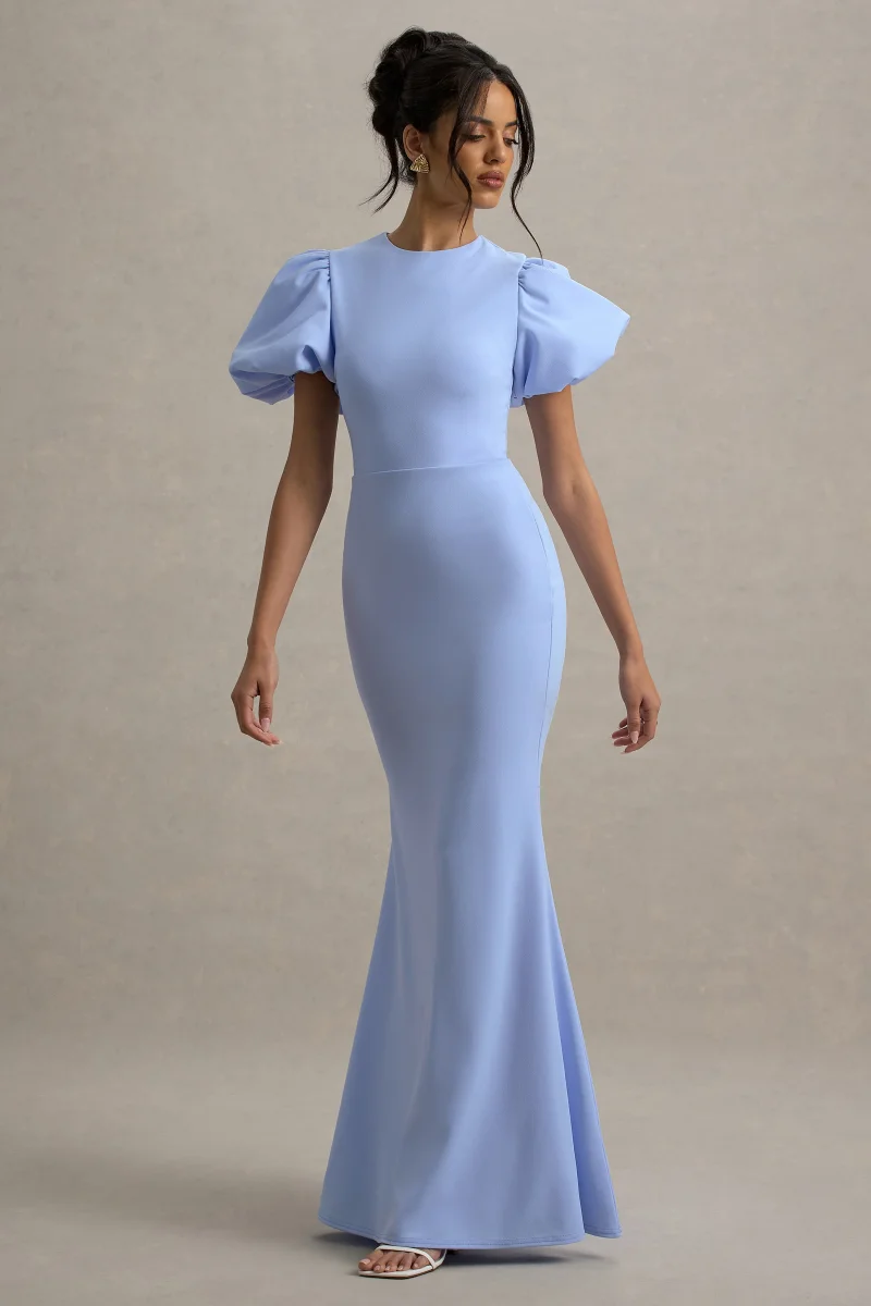 Love Letters | Vestido Largo Azul Empolvado Con Mangas Abullonadas - Imagen 2