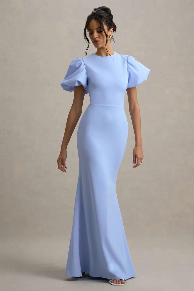 Love Letters | Vestido Largo Azul Empolvado Con Mangas Abullonadas - Imagen 4