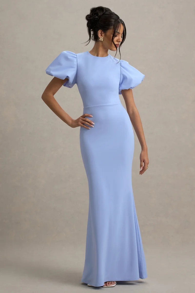 Love Letters | Vestido Largo Azul Empolvado Con Mangas Abullonadas - Imagen 6
