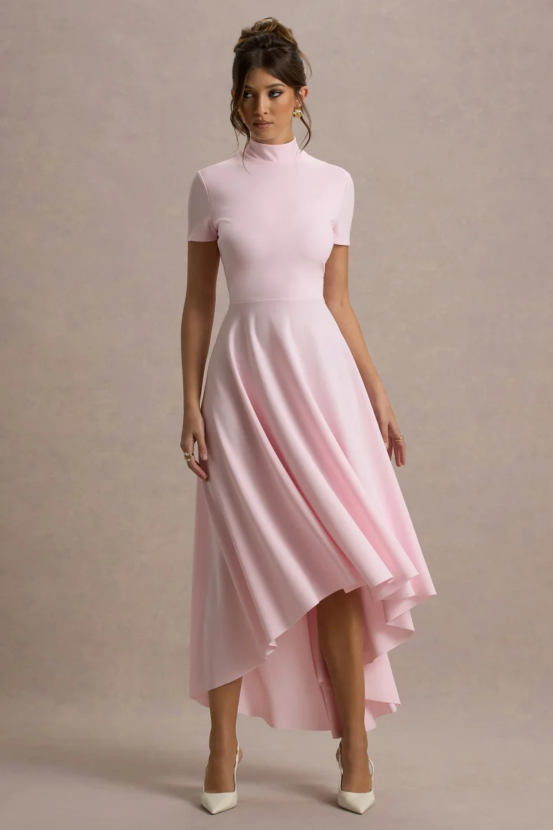 Bellona | Vestido Midi Rosa Claro Con Cuello Alto Y Bajo Asimétrico - Imagen 6
