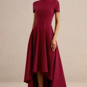 Bellona | Vestido Midi Burdeos Con Cuello Alto Y Bajo Asimétrico