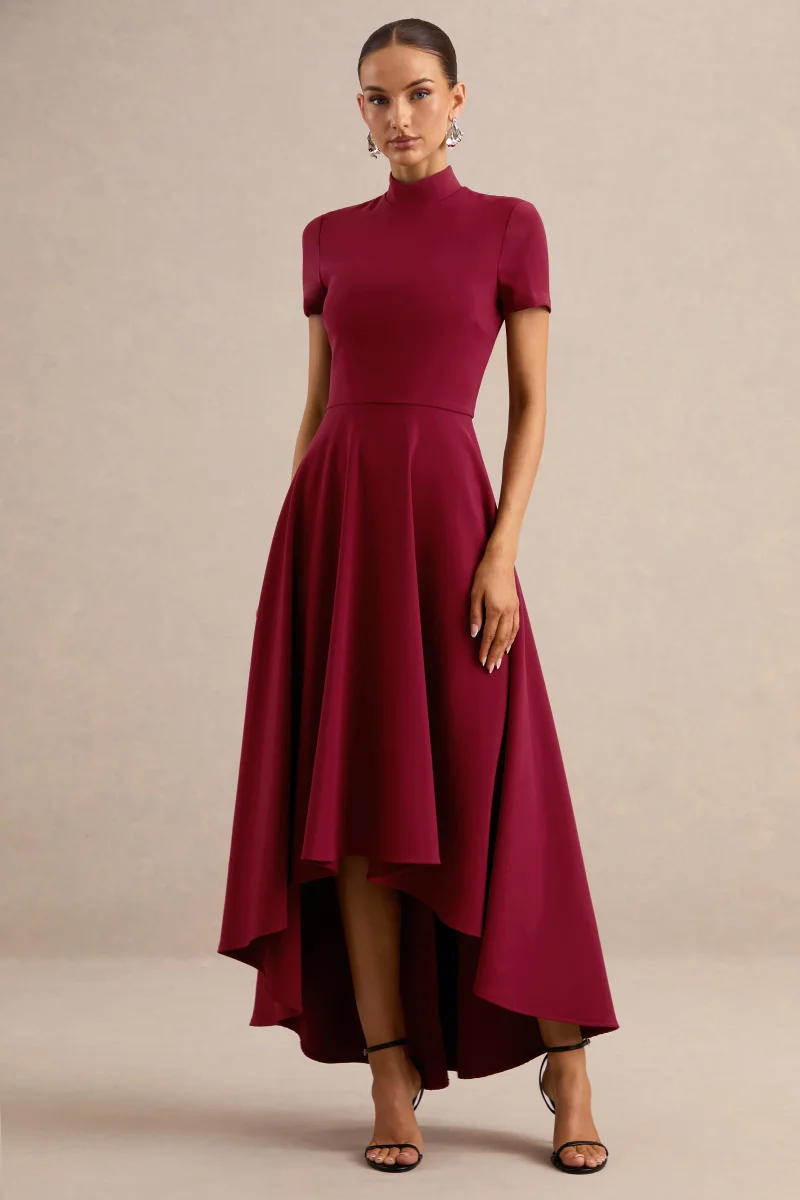 Bellona | Vestido Midi Burdeos Con Cuello Alto Y Bajo Asimétrico