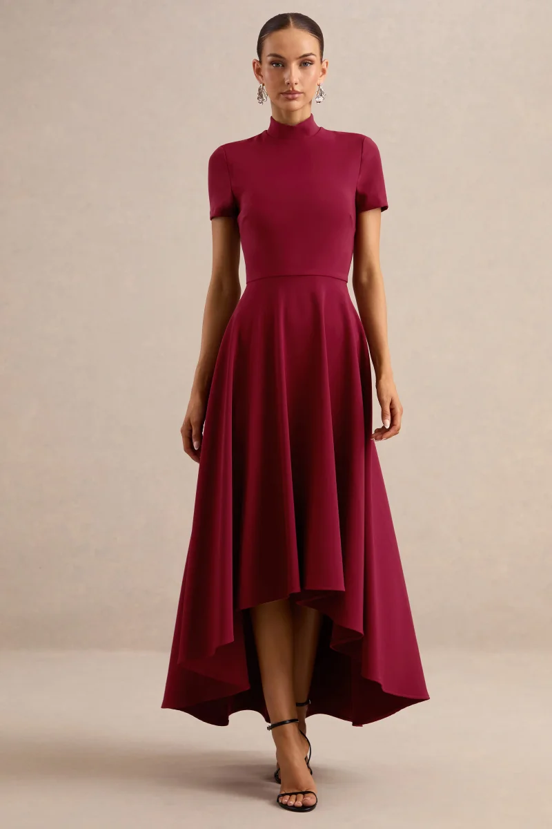 Bellona | Vestido Midi Burdeos Con Cuello Alto Y Bajo Asimétrico - Imagen 4