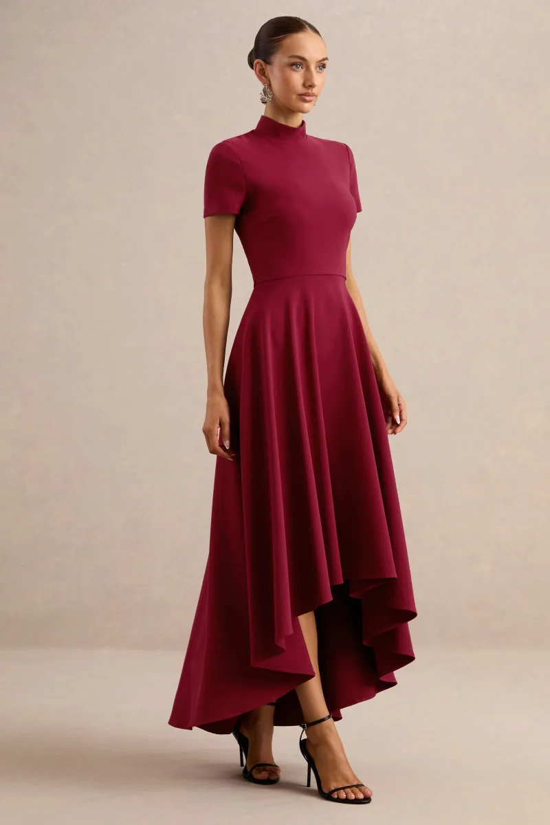 Bellona | Vestido Midi Burdeos Con Cuello Alto Y Bajo Asimétrico - Imagen 6