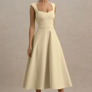 Andromeda | Vestido Midi Amarillo Limón Con Escote Corazón