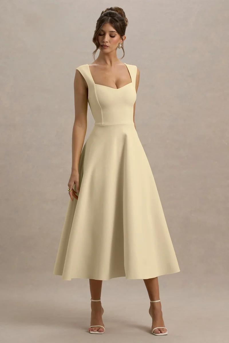 Andromeda | Vestido Midi Amarillo Limón Con Escote Corazón - Imagen 2