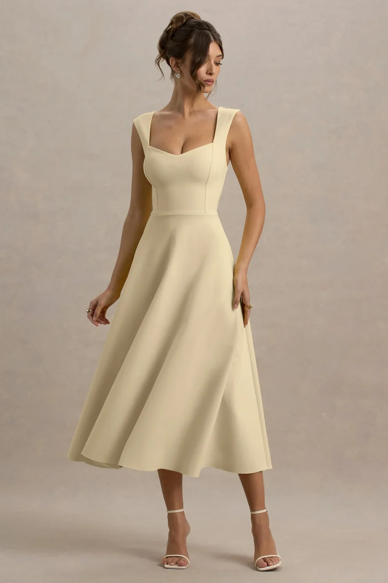 Andromeda | Vestido Midi Amarillo Limón Con Escote Corazón - Imagen 5