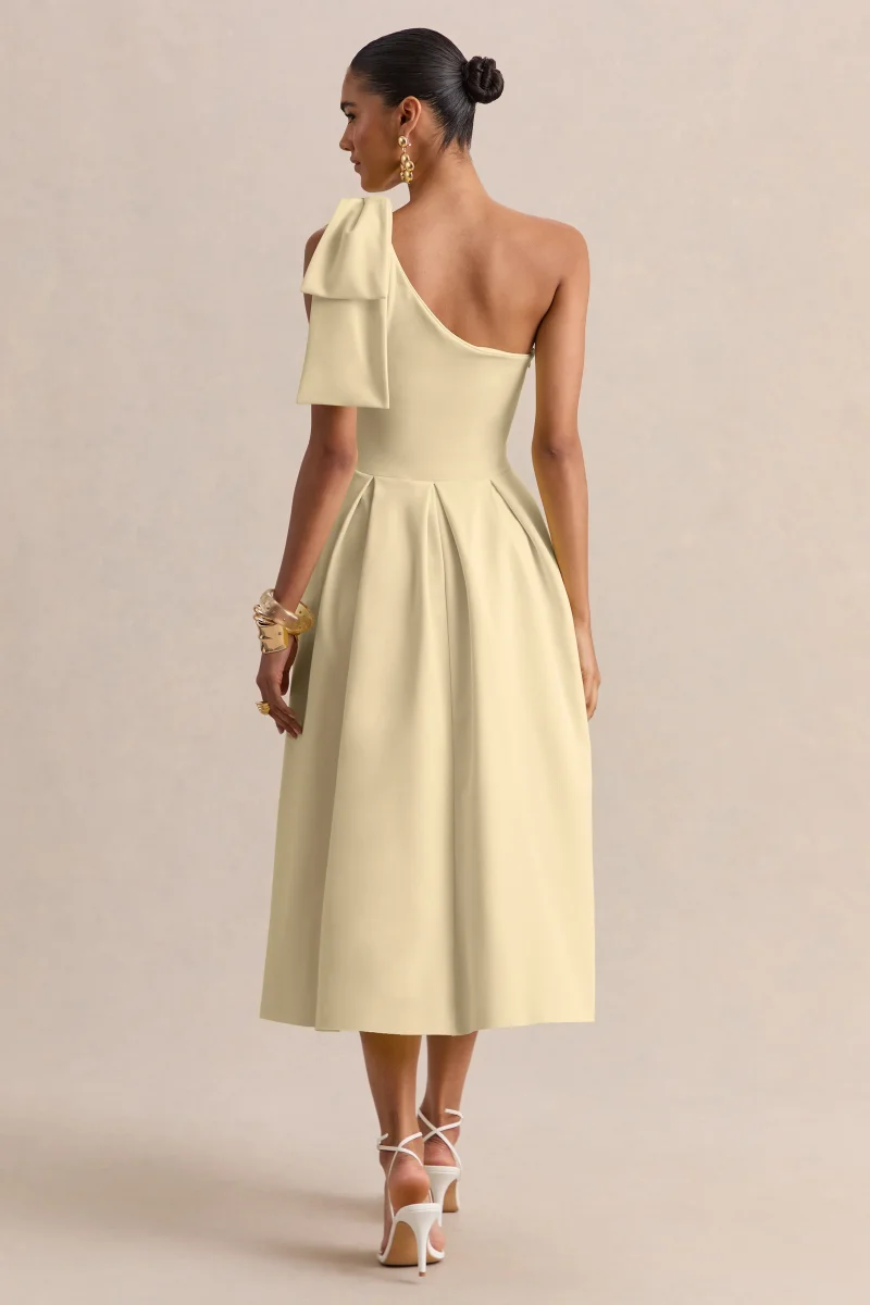 Meria | Vestido Midi Limón Con Escote Asimétrico Y Manga Lazo - Imagen 3