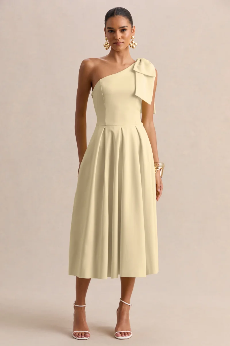 Meria | Vestido Midi Limón Con Escote Asimétrico Y Manga Lazo - Imagen 6