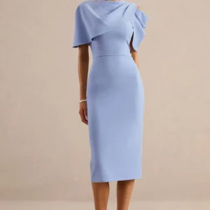 Dorothea | Vestido Midi Azul Drapeado Con Capa