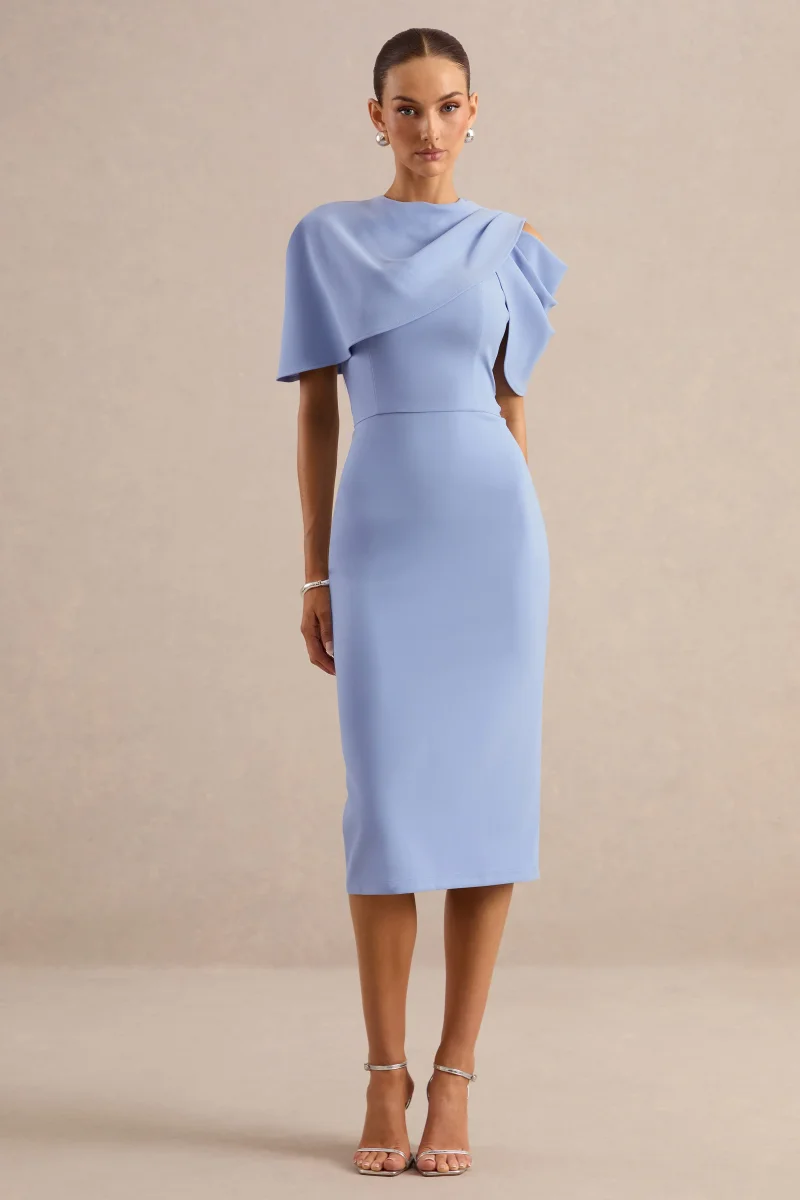 Dorothea | Vestido Midi Azul Drapeado Con Capa - Imagen 2