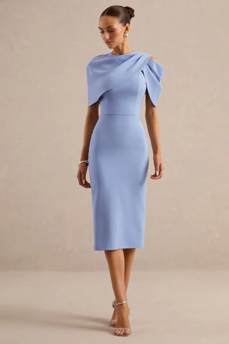 Dorothea | Vestido Midi Azul Drapeado Con Capa - Imagen 6