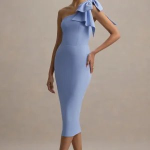Ambretta | Vestido Midi Azul Empolvado Un Hombro Con Lazo