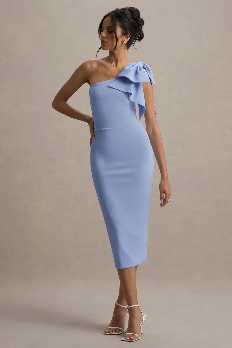 Ambretta | Vestido Midi Azul Empolvado Un Hombro Con Lazo - Imagen 6