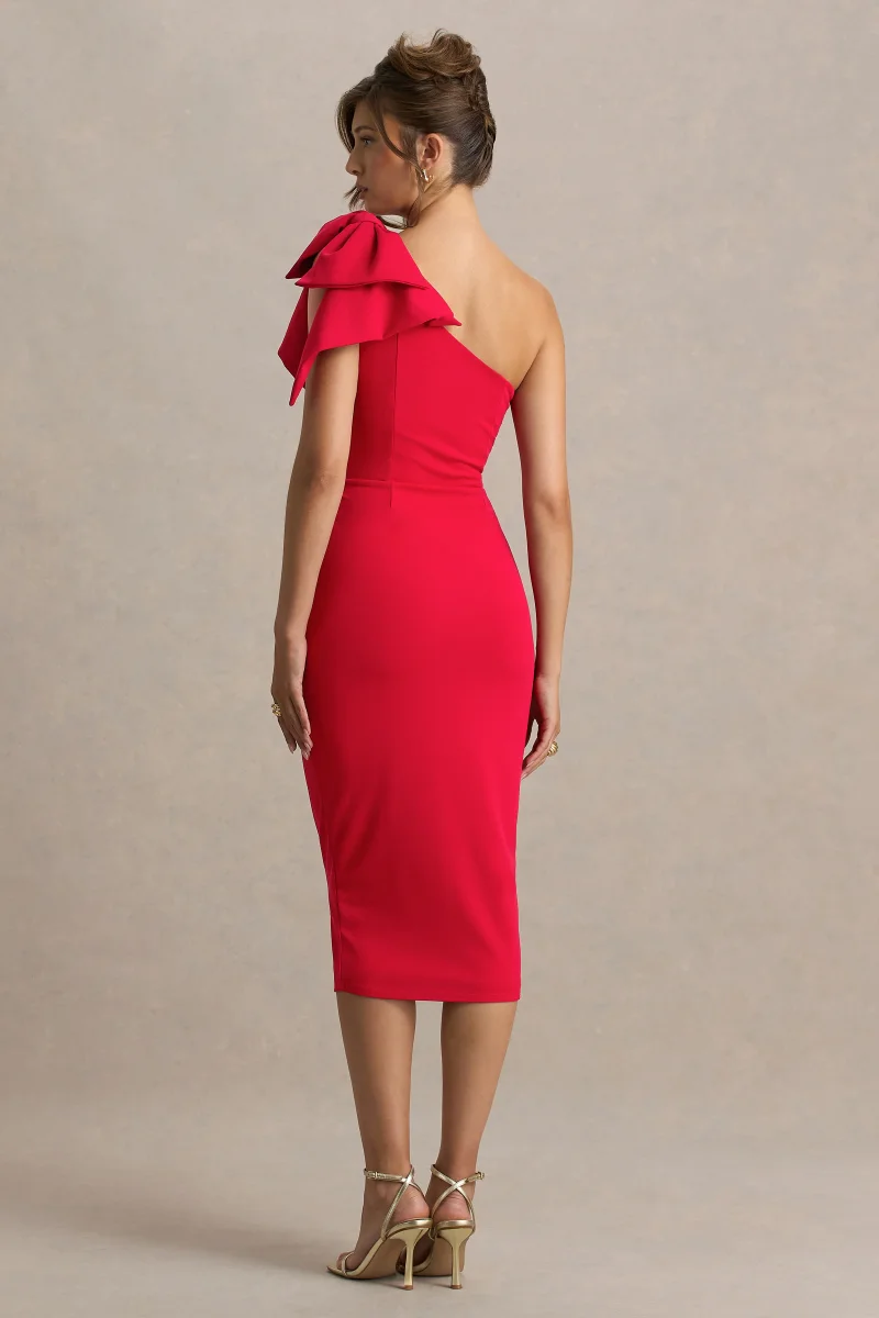Ambretta | Vestido Midi Rojo De Un Hombro Con Lazo - Imagen 3