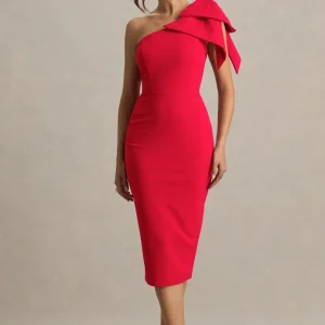 Ambretta | Vestido Midi Rojo De Un Hombro Con Lazo