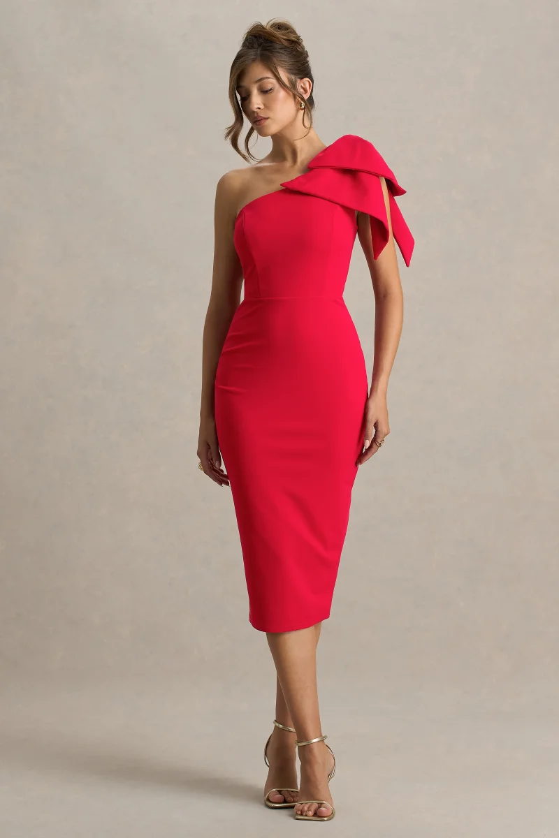 Ambretta | Vestido Midi Rojo De Un Hombro Con Lazo - Imagen 2