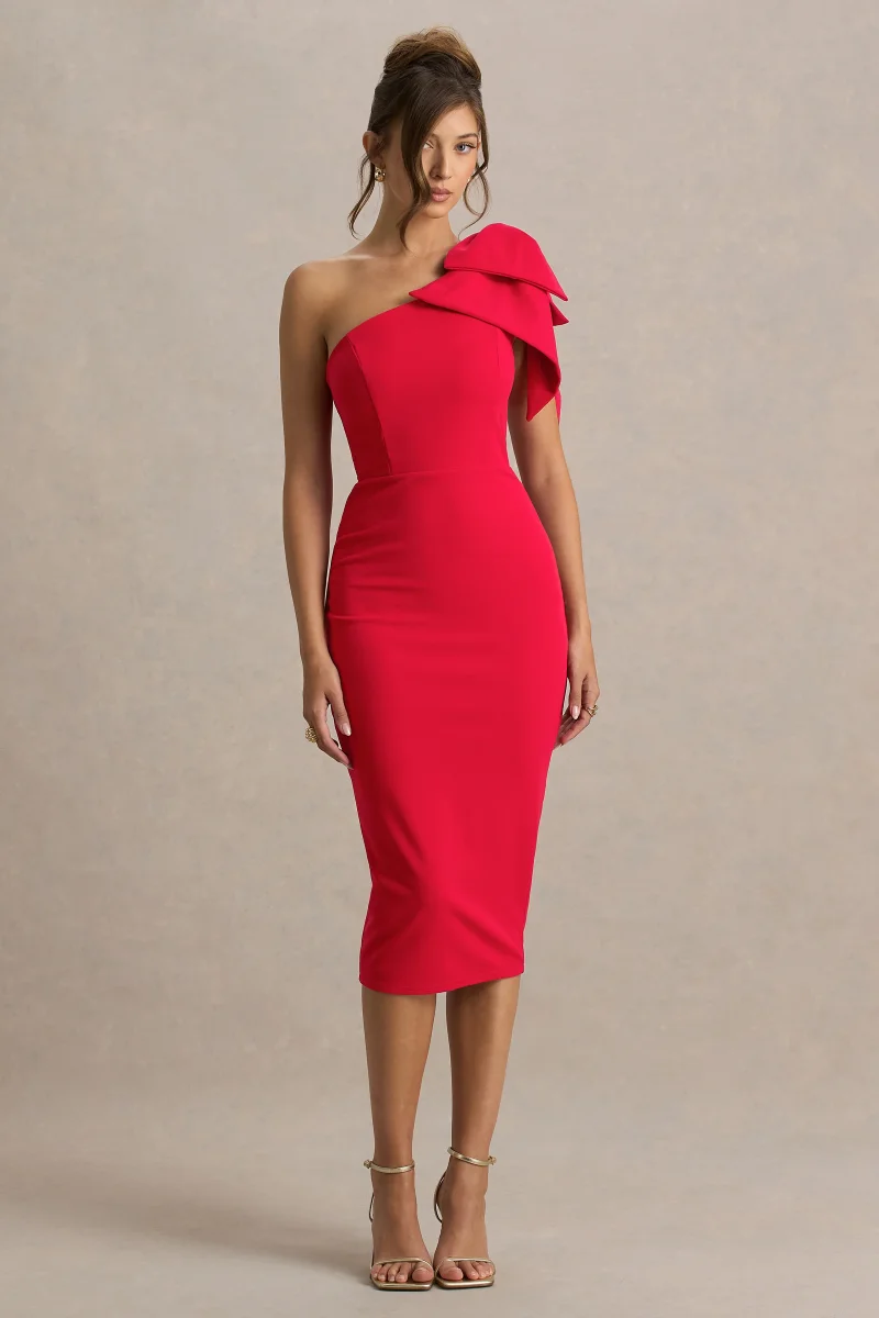 Ambretta | Vestido Midi Rojo De Un Hombro Con Lazo - Imagen 4