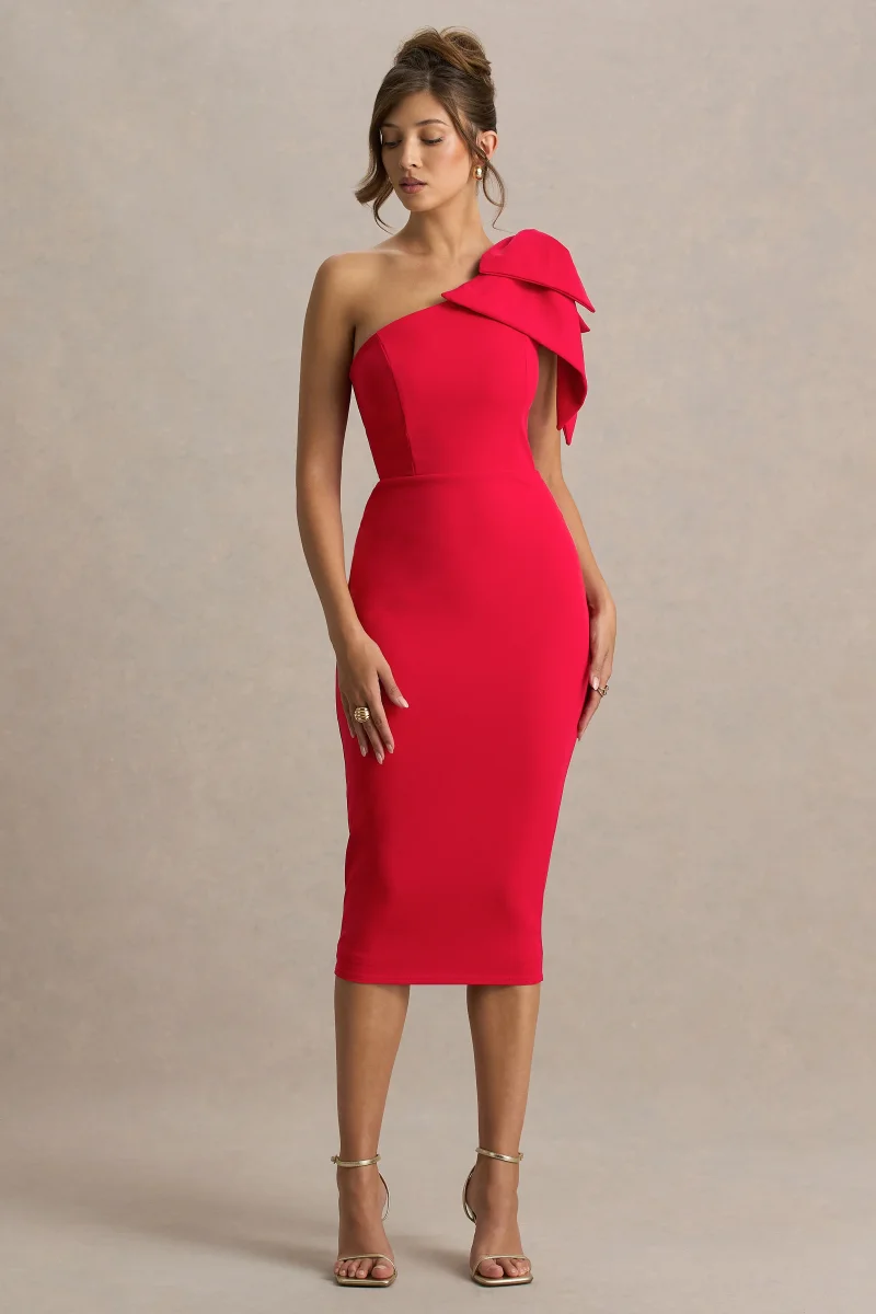 Ambretta | Vestido Midi Rojo De Un Hombro Con Lazo - Imagen 6