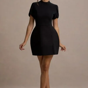 Carabella | Vestido Mini Negro Con Cuello Alto Y Mangas Cortas Abullonadas
