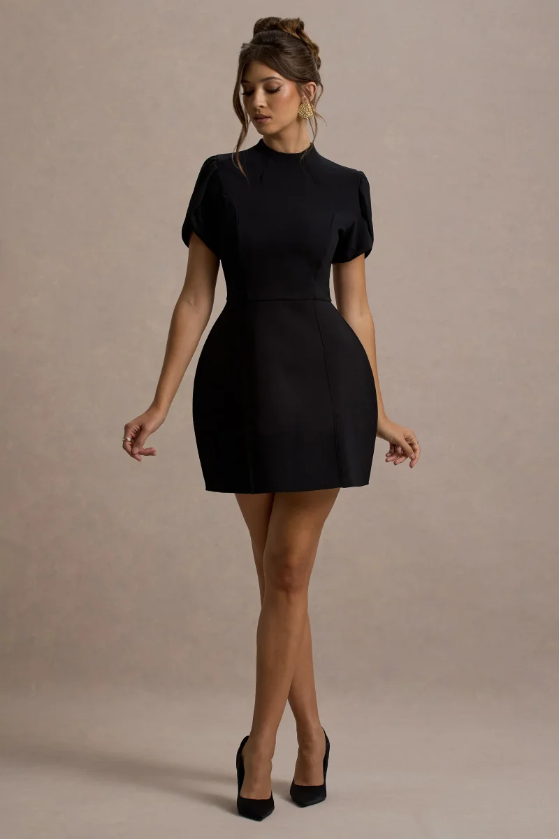 Carabella | Vestido Mini Negro Con Cuello Alto Y Mangas Cortas Abullonadas