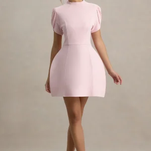 Carabella | Vestido Mini Rosa De Cuello Alto Y Manga Corta