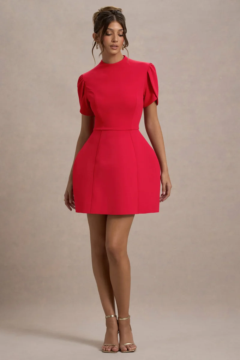Carabella | Vestido Mini Rojo Con Cuello Alto Y Mangas Cortas Abullonadas
