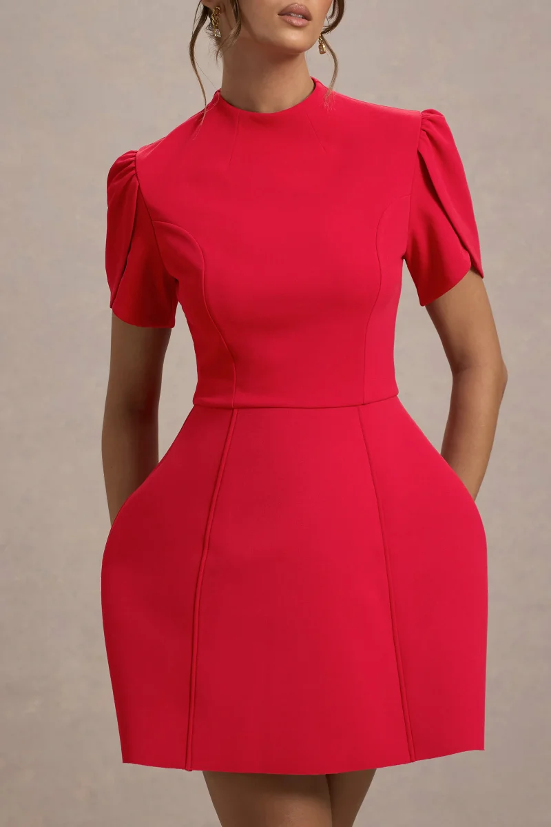 Carabella | Vestido Mini Rojo Con Cuello Alto Y Mangas Cortas Abullonadas - Imagen 5