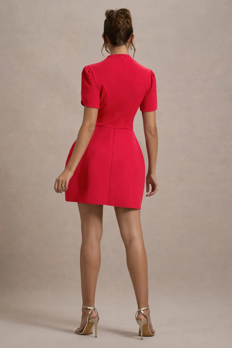 Carabella | Vestido Mini Rojo Con Cuello Alto Y Mangas Cortas Abullonadas - Imagen 3