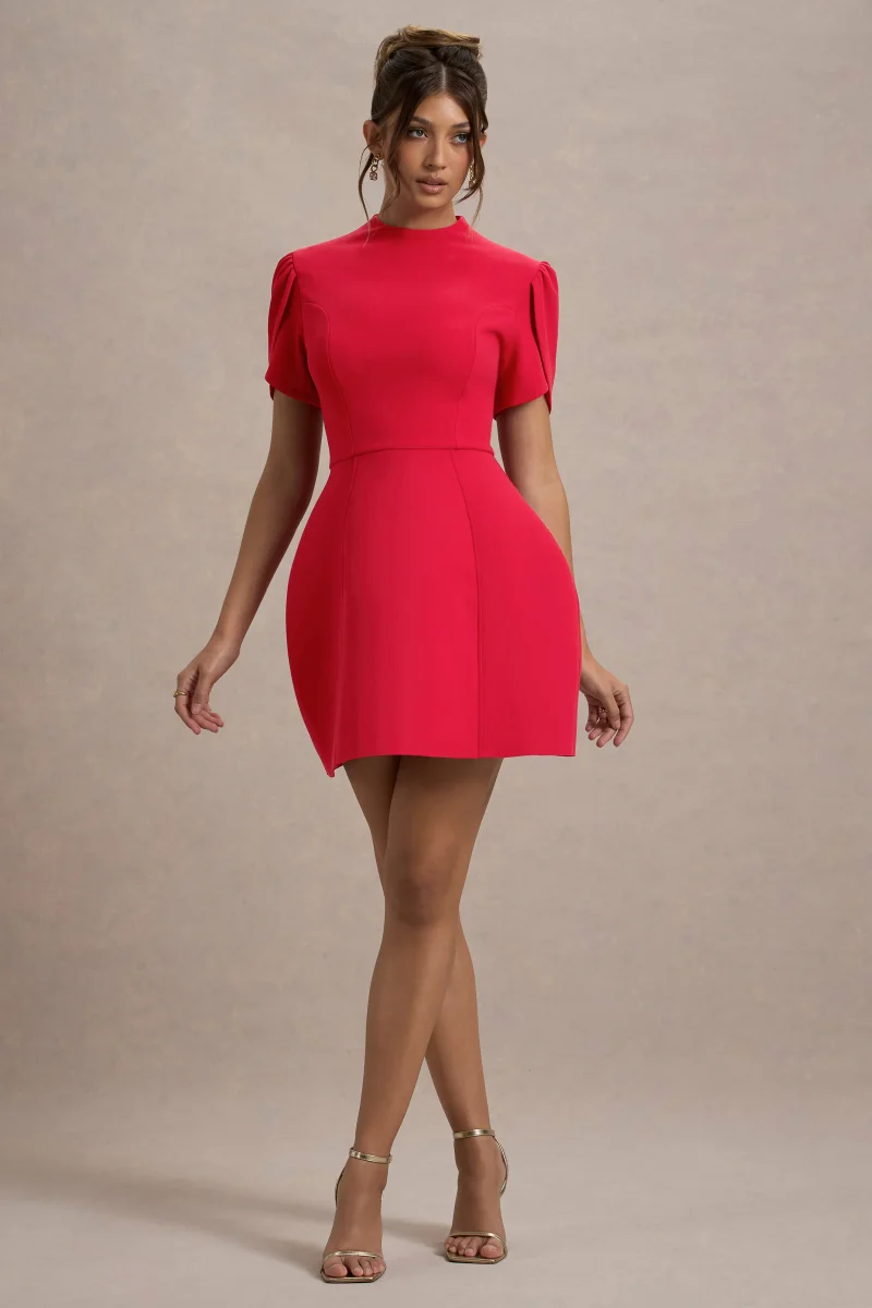 Carabella | Vestido Mini Rojo Con Cuello Alto Y Mangas Cortas Abullonadas - Imagen 4