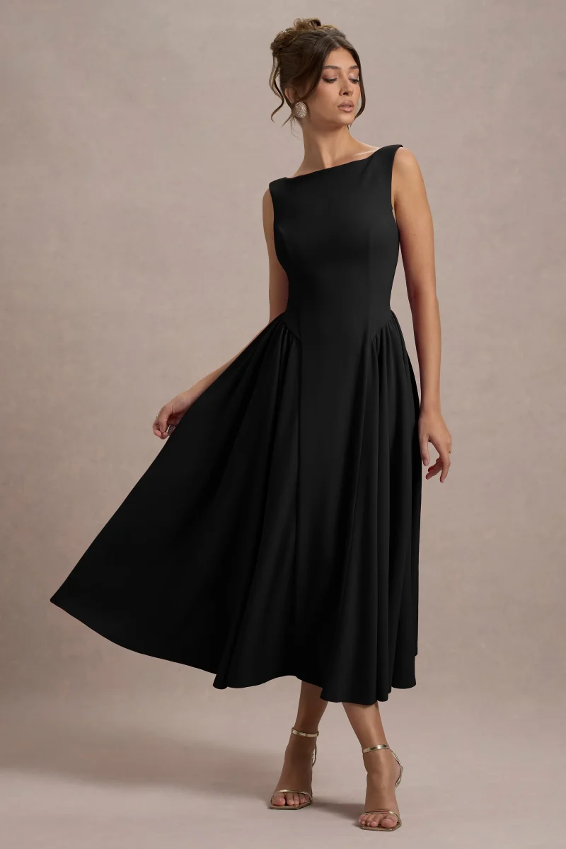 Muriel | Vestido Midi Negro Cuello Barco Con Bajo Voluminoso