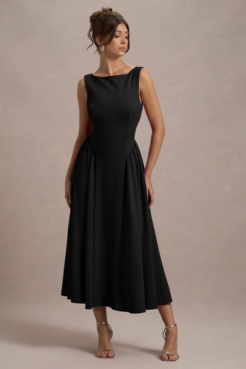 Muriel | Vestido Midi Negro Cuello Barco Con Bajo Voluminoso - Imagen 6