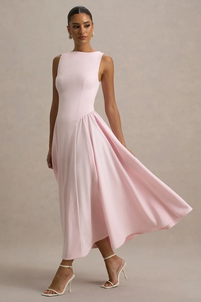 Muriel | Vestido Midi Rosa Cuello Barco Con Bajo Voluminoso - Imagen 6