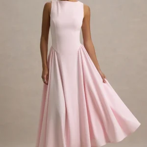 Muriel | Vestido Midi Rosa Cuello Barco Con Bajo Voluminoso