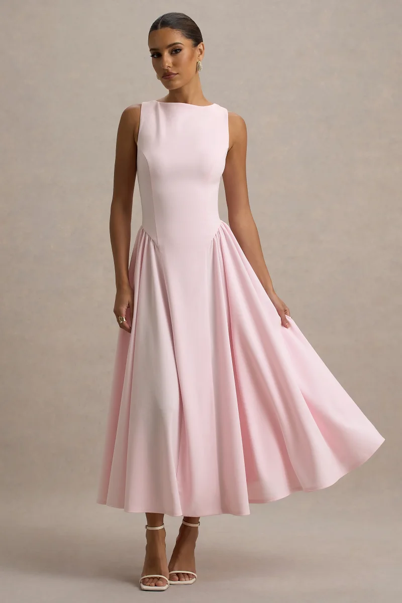 Muriel | Vestido Midi Rosa Cuello Barco Con Bajo Voluminoso - Imagen 2