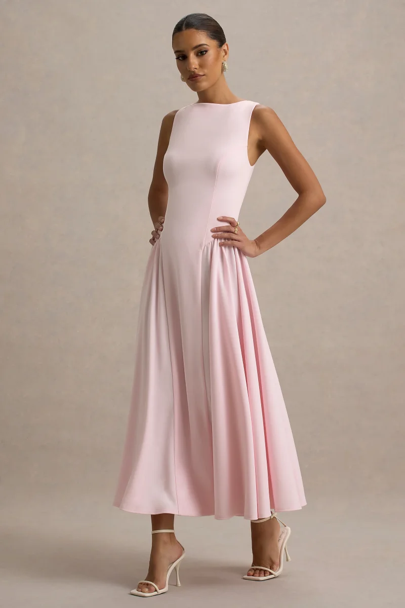 Muriel | Vestido Midi Rosa Cuello Barco Con Bajo Voluminoso - Imagen 4