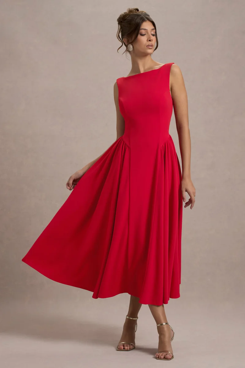 Muriel | Vestido Midi Rojo Cuello Barco Con Bajo Voluminoso - Imagen 6