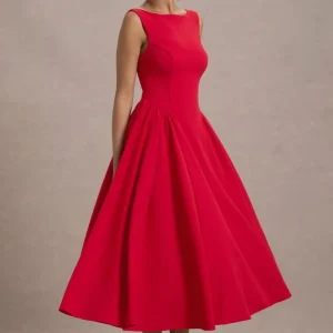 Muriel | Vestido Midi Rojo Cuello Barco Con Bajo Voluminoso
