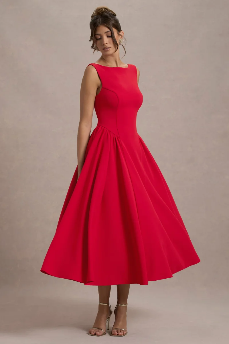 Muriel | Vestido Midi Rojo Cuello Barco Con Bajo Voluminoso