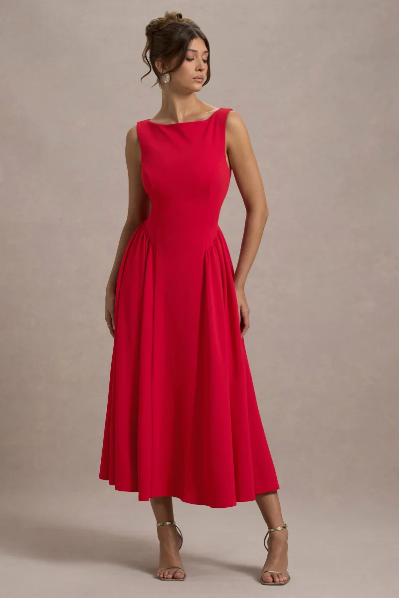 Muriel | Vestido Midi Rojo Cuello Barco Con Bajo Voluminoso - Imagen 4