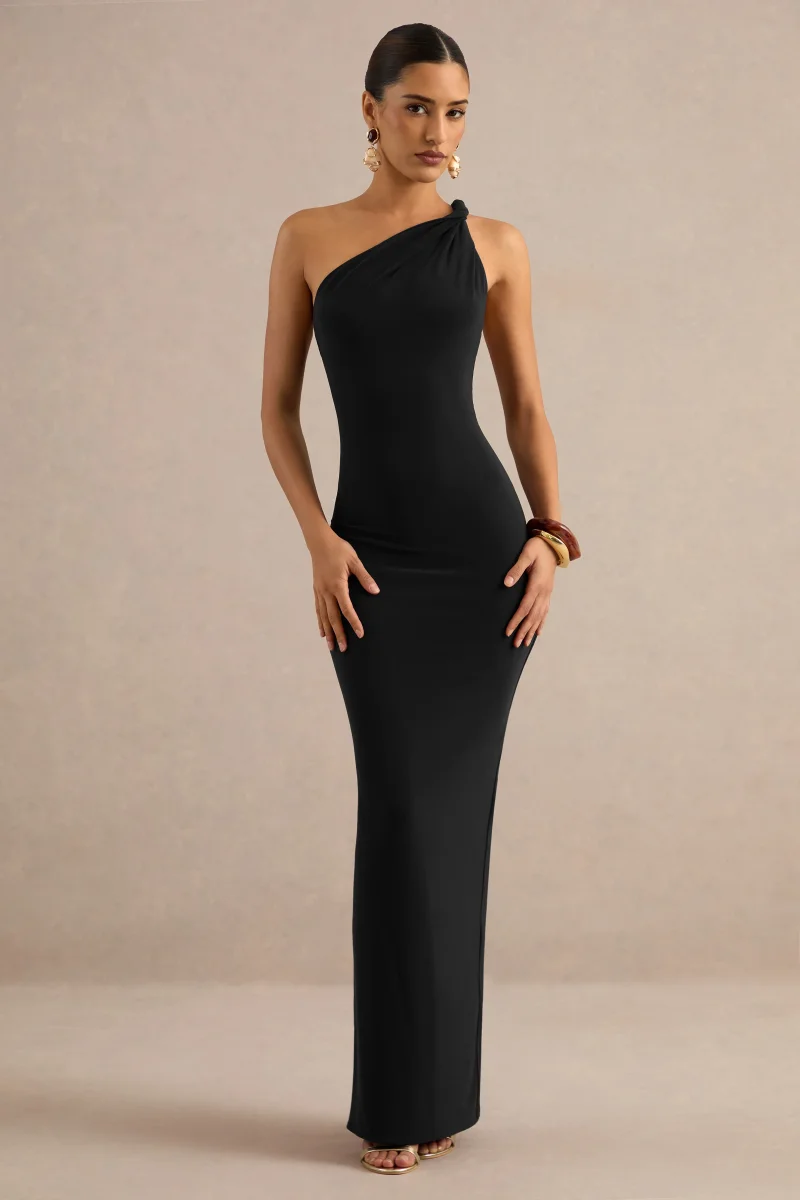 Indalie | Vestido largo negro con escote asimétrico retorcido - Imagen 3
