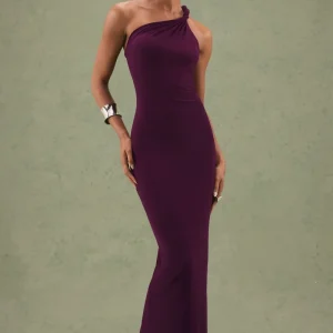Indalie | Vestido largo color ciruela con escote asimétrico retorcido