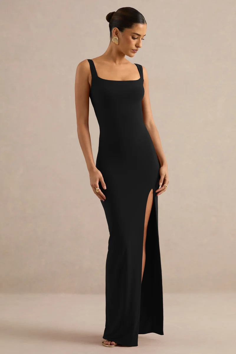 Josiane | Vestido Largo Negro De Escote Cuadrado Con Abertura Frontal - Imagen 5