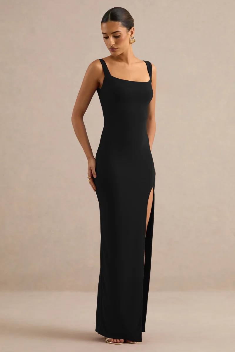 Josiane | Vestido Largo Negro De Escote Cuadrado Con Abertura Frontal - Imagen 4