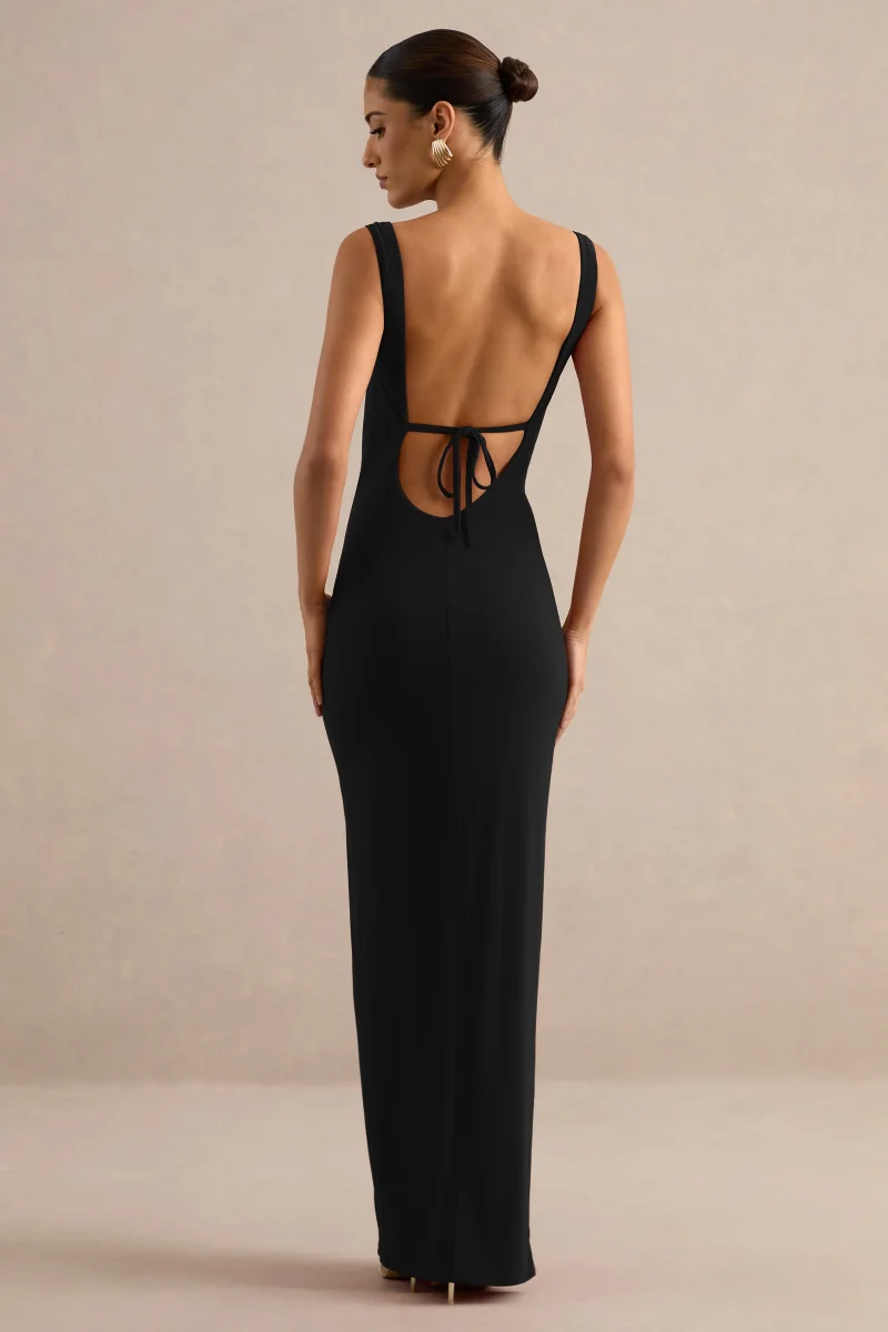 Josiane | Vestido Largo Negro De Escote Cuadrado Con Abertura Frontal - Imagen 3